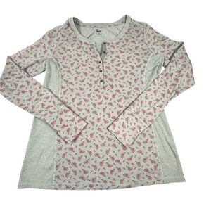 REI Womens XL Sage Green Floral Waffle Knit Thermal Henley Top